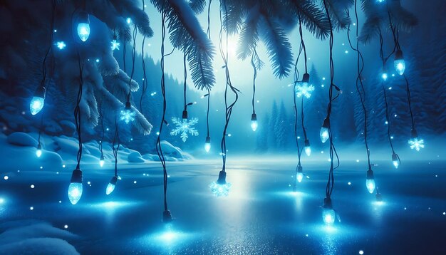 Photo floating blue christmas lights over frozen lake