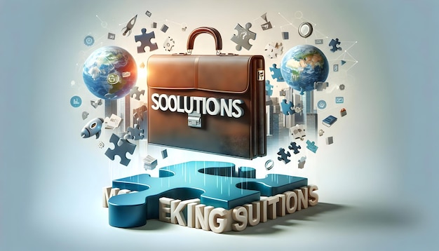 Photo floating briefcase and puzzle piece with financial solutions text concept as a sleek vector design f