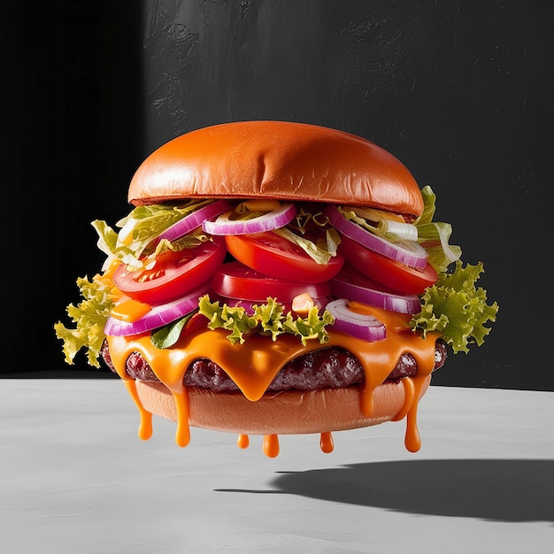 Floating burger isolated on black wooden background Ingredients of a delicious burger with ground beef patty