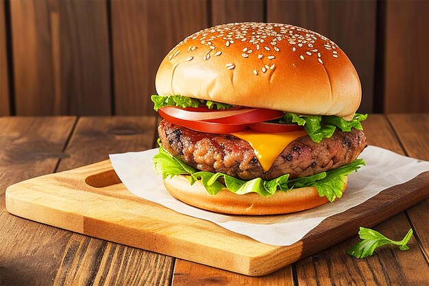 Floating burger isolated on black wooden background