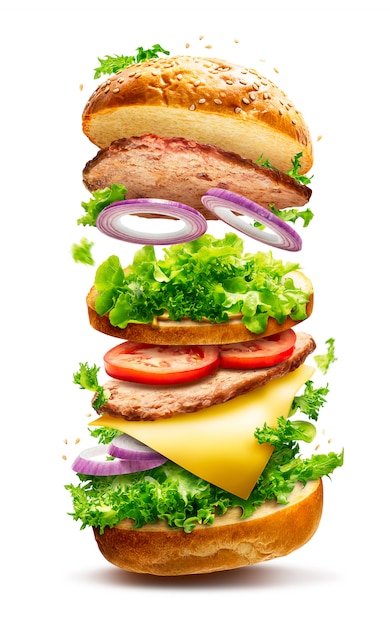 Floating burger isolated