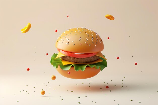 Photo floating burger with ingredients suspended in air colorful back