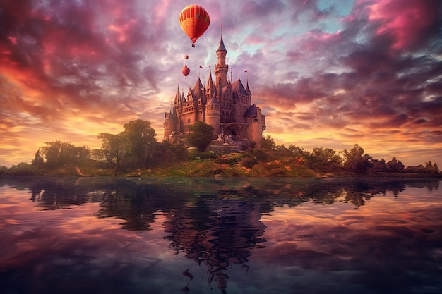 Photo floating castle above dramatic sunset sky a fantasy view