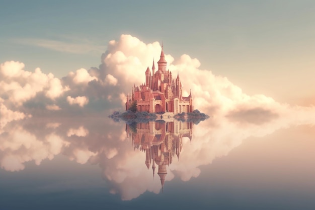 Photo floating castle in a sunset cloudscape enchanting majesty