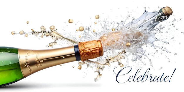 Floating champagne bottle with cork and bubbles forming a festive burst with Celebrate text concept