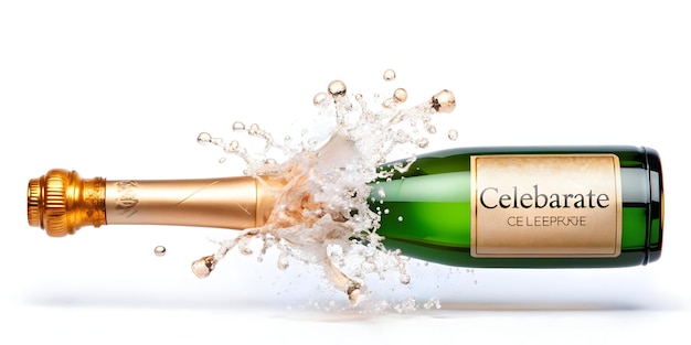 Floating champagne bottle with cork and bubbles forming a festive burst with Celebrate text concept