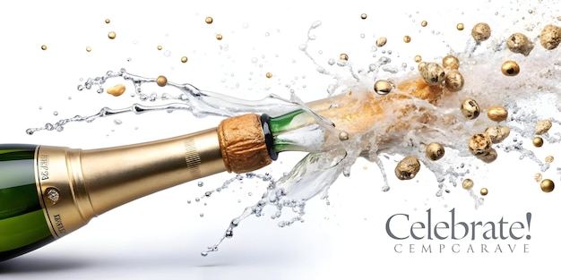 Floating champagne bottle with cork and bubbles forming a festive burst with Celebrate text concept