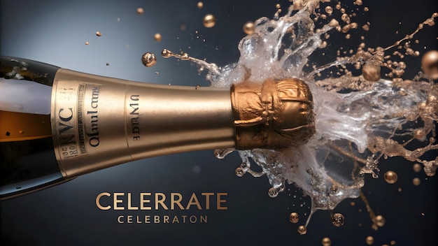 Floating champagne bottle with cork and bubbles forming a festive burst with Celebrate text concept