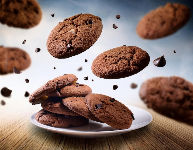 Floating Chocolate Chip Cookies with Chunks on White Background High Resolution