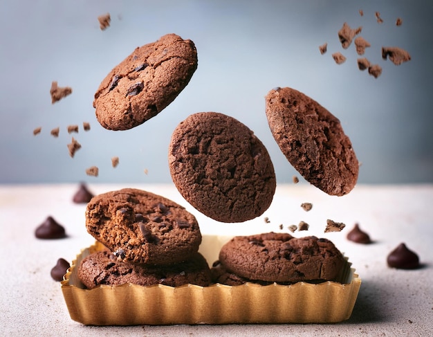 Photo floating chocolate chip cookies with chunks on white background high resolution