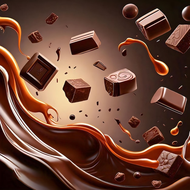 Floating chocolate pieces and splashing liquid chocolate create a dynamic and indulgent scene