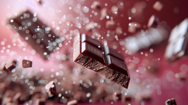 Photo floating chocolate pieces surrounded by sparkling dust