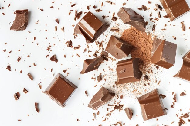 Floating chocolate pieces on white background Top view