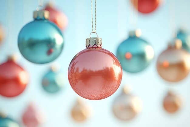 Photo floating christmas tree ornaments in a light pastel gold sky