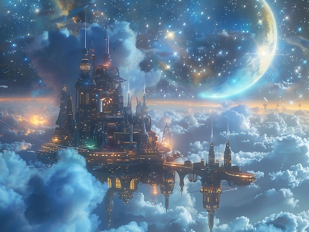 Floating City in the Clouds Surrounded by Stars and Sparkling Sky