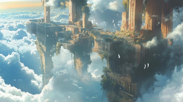 A Floating City of Towers Ruins and Trees in the Clouds