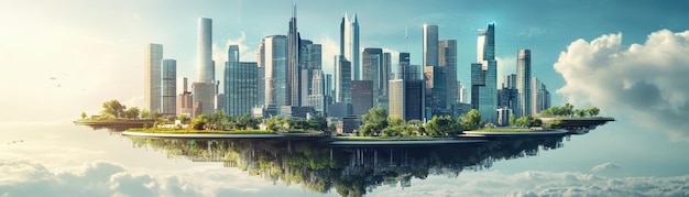 Photo floating cityscape in the sky modern skyscrapers surrounded by greenery contrasting with the bright