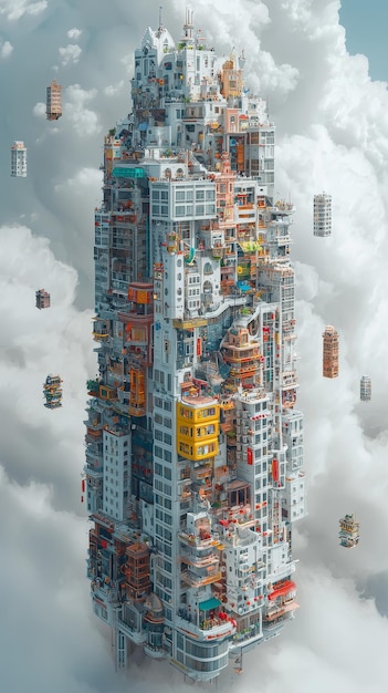 Photo floating cityscape a towering metropolis in the clouds