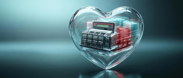 A floating clear glass heart containing a cash register and sales graphs symbolizing commerce and retail