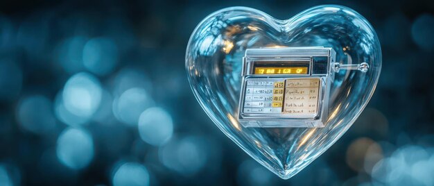 A floating clear glass heart containing a cash register and sales graphs symbolizing commerce and retail