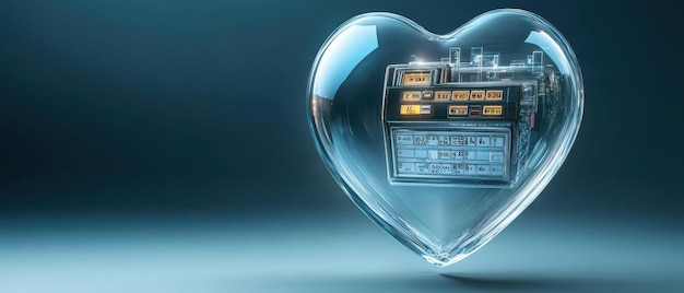 A floating clear glass heart containing a cash register and sales graphs symbolizing commerce and retail