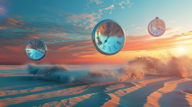 Floating clocks in surreal landscape of fluid sand under gradient sunset skies