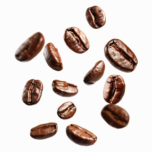 Floating coffee beans in the air falling isolated on transparent background