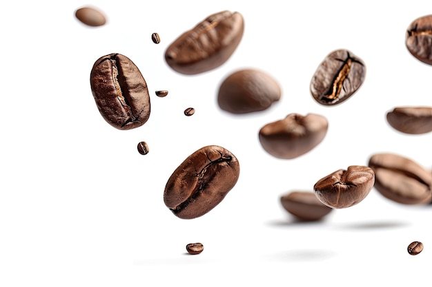 Floating Coffee Beans Isolated on a White Background