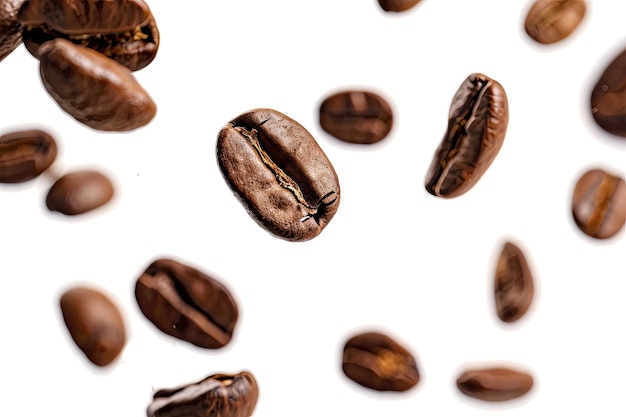 Floating Coffee Beans Isolated on a White Background