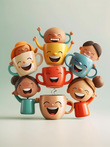 Floating Coffee Cups with Joyful People Concept 3D Flat Icon