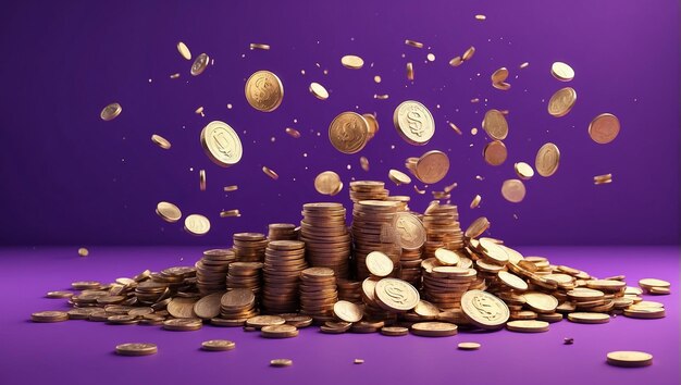 Floating coins on a purple background