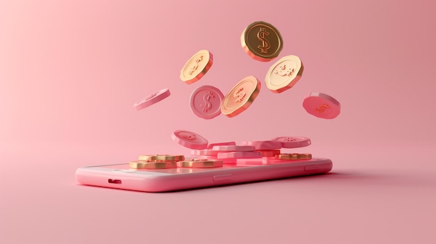 Floating Coins Above Smartphone on Pink Background