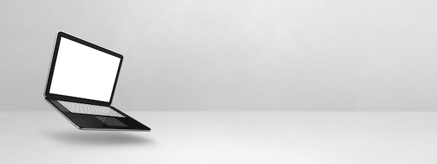 Floating computer laptop isolated on white Horizontal banner background