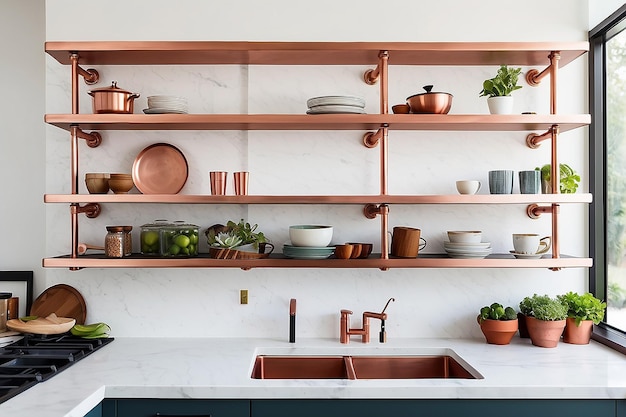 Photo floating copper pipe shelves in a contemporary kitchen