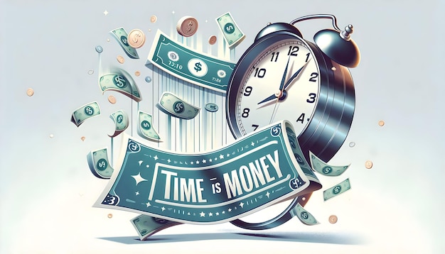 Photo floating dollar bill and clock with time is money text concept as a sleek vector illustration featur