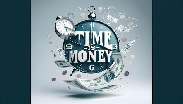 Photo floating dollar bill and clock with time is money text concept as a sleek vector illustration featur