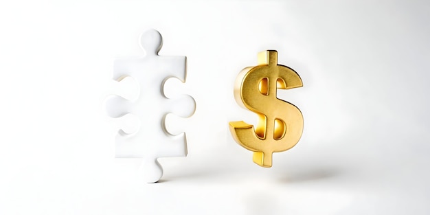 Photo floating dollar sign and puzzle piece hovering above a white background concept as a strategic image