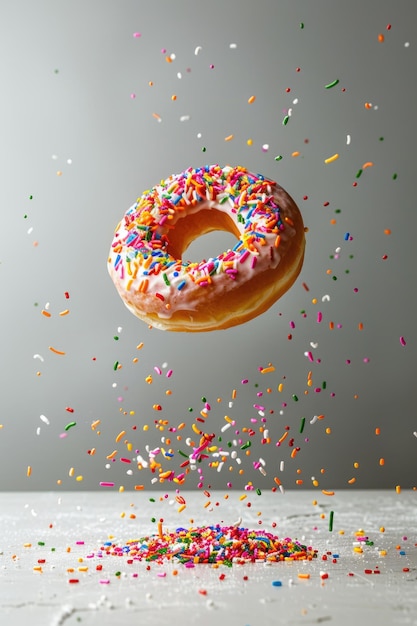 Floating Donut with Pink Icing and Sprinkles Against a Grey Background