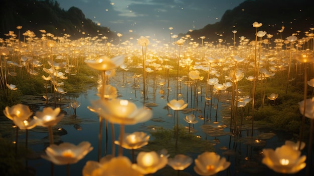 Floating field of glowing flowers