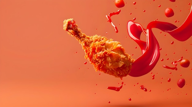 Floating Fried Chicken Leg with Swirling Tomato Sauce Backdrop