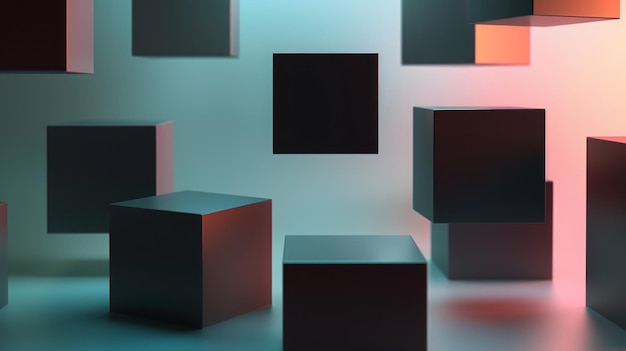 Floating geometric blocks in various shapes and sizes with a mix of matte and glossy textures against a dark gradient background subtle reflections and shadows modern and dynamic 3D render