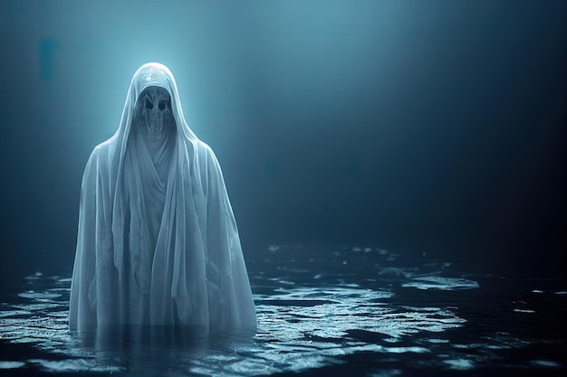 Floating ghost of an evil spirit above the water in the fog Front view Digital illustration