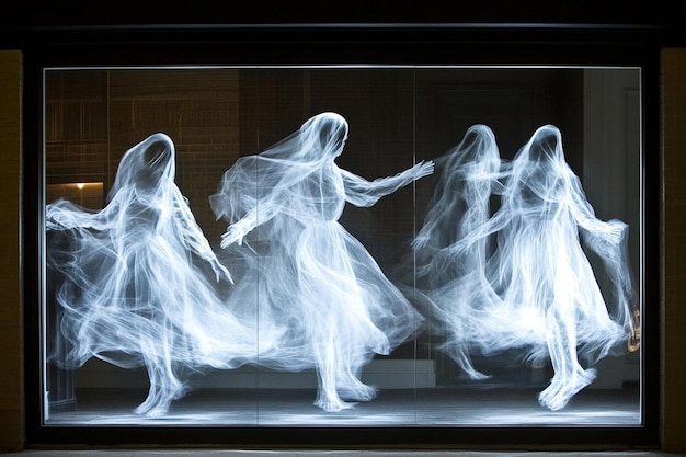 Photo floating ghosts capture ethereal ghostly figures in sheer fabric suspended in air for halloween