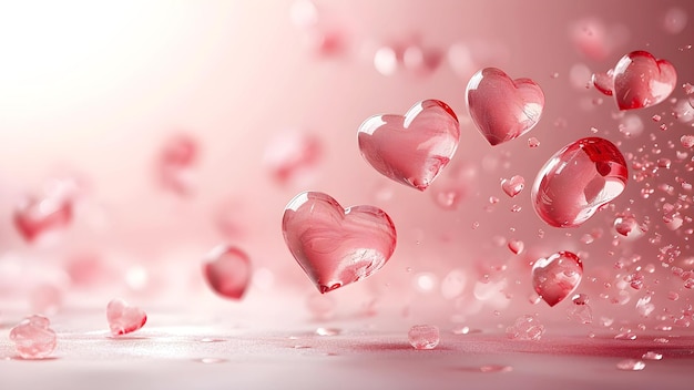 Floating Glass Hearts with Water Droplets on Pink