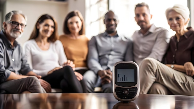 Photo floating glucose meter and diabetes support group icon concept as a modern design featuring a glucos