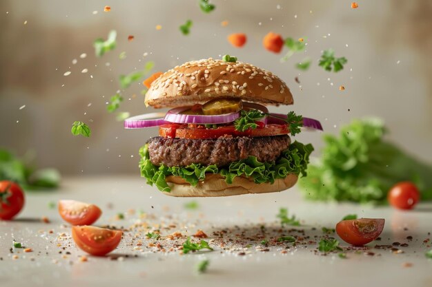 Floating Gourmet Burger with Fresh Ingredients