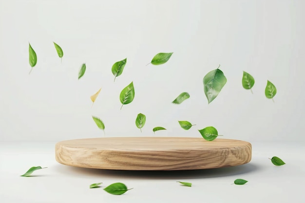 Floating Green Leaves Over Rustic Wooden Slab for Minimalist Natural Decor and EcoFriendly Interior