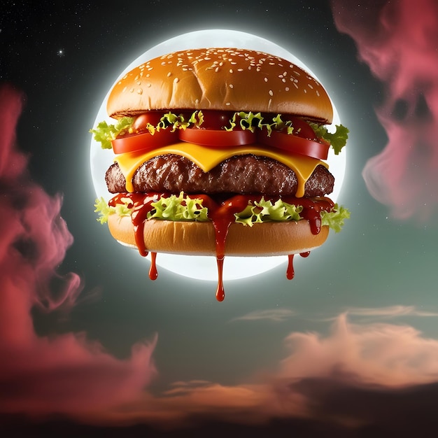 Floating hamburger with meat cheese tomatoes lettuce and splash of sauce isolated on dark backgr