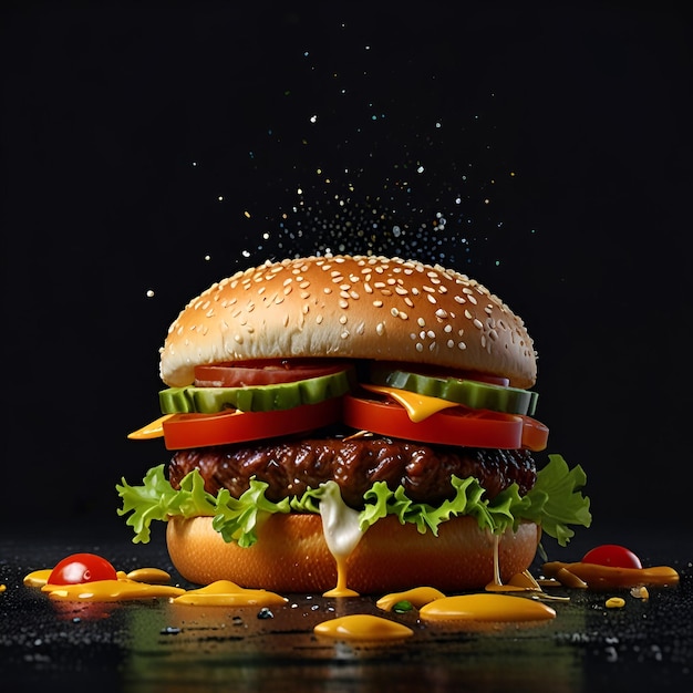 Floating hamburger with meatcheesetomatoeslettuce amp splash of sauce isolated on dark background