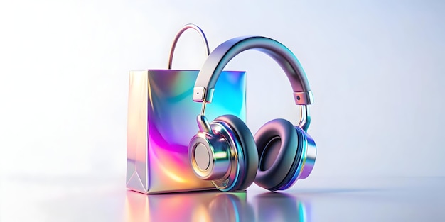 Floating Headphones with Holographic Discount Icon Shopping Bag Concept Glossy Design for Cyber M